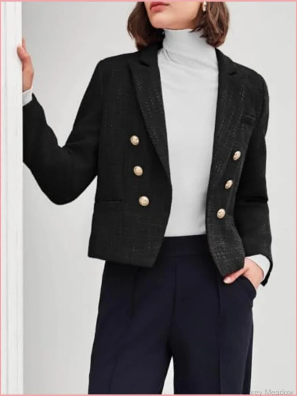 Cropped Tweed Blazer Jacket Lapel Open Front Long Sleeve Business Suit Jacket